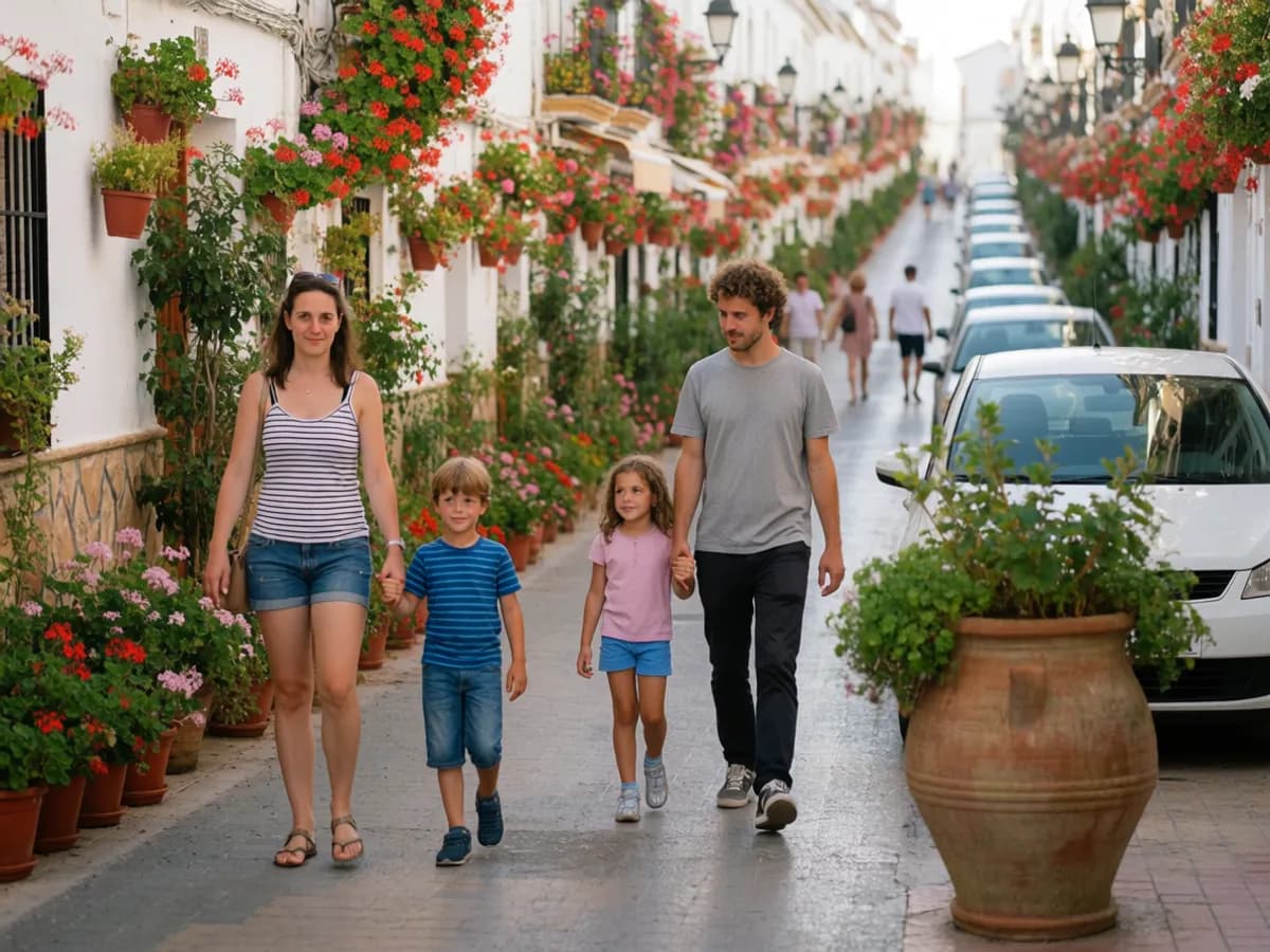 A family on a flower-filled old-town street in Estepona