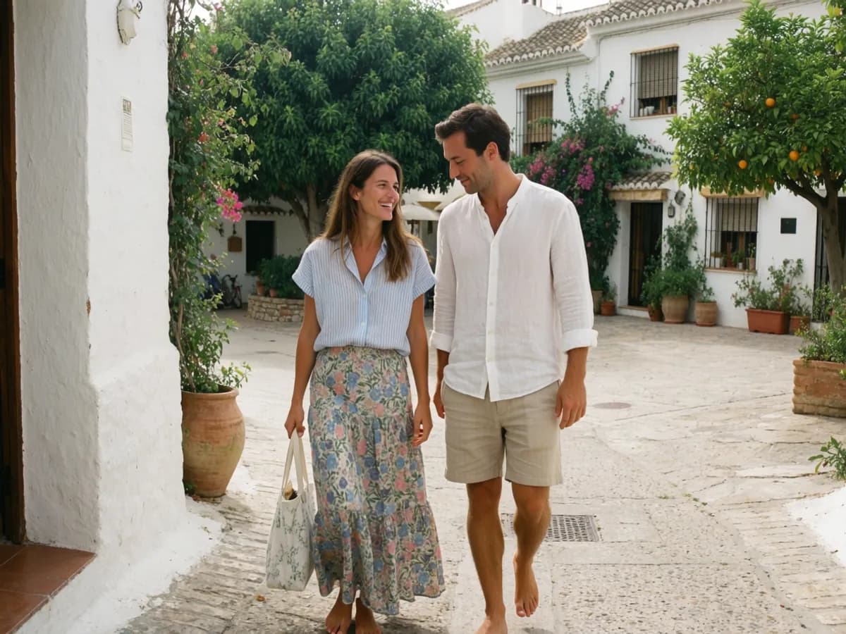 A couple strolling the whitewashed old town of Marbella on the Costa del Sol