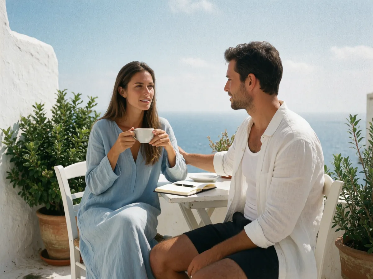 A couple talking easily over morning coffee on a sunny sea-view terrace